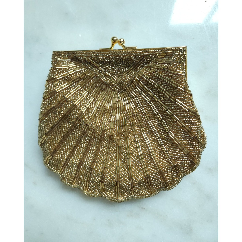 VTG Exquisite Valerie Stevens Beaded Evening Bag Gold Glam Party Shell Clutch - Picture 3 of 13